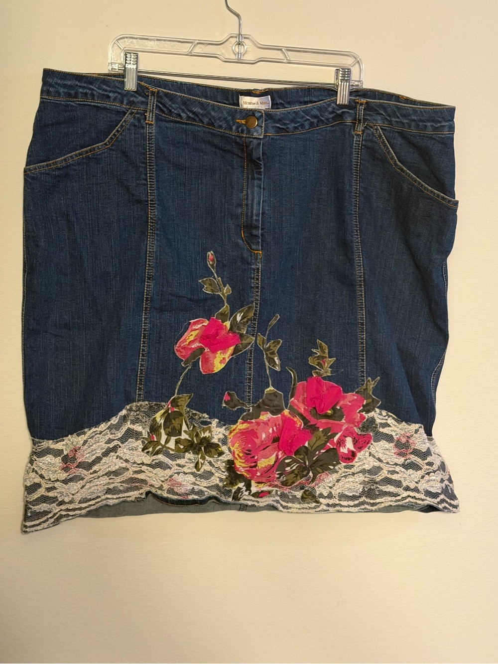Y2K Denim Mini Skirt 3X Floral Rose Lace Hem Cottagecore Plus Size Monroe & Main